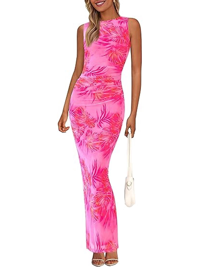 pretty holiday dresses Prettygarden Womens Summer Wedding Guest Dress Spring Mesh Sleeveless Bodycon Ruched Floral Maxi Long Dresses, Women's, Size: 2XL, Pink Experience the allure of ANAYA BRIDAL MAXI