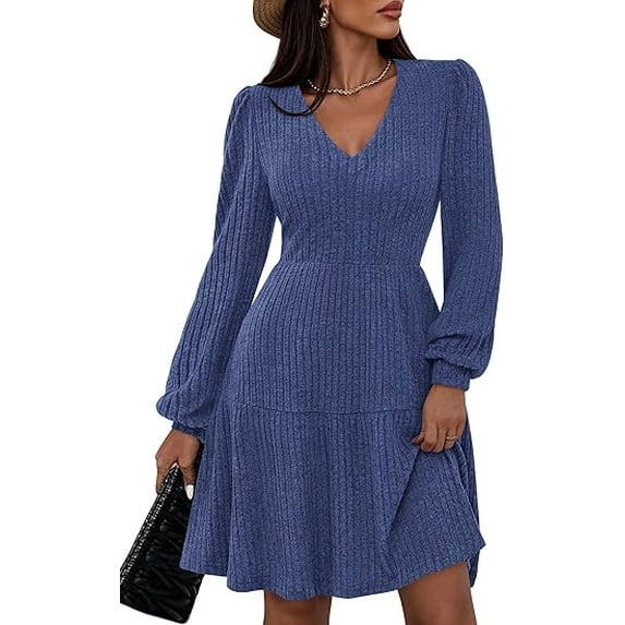 PRETTYGARDEN Womens Sweater Dress Fall Long Sleeve V Neck A Line Fit and Flare Ribbed Knit Short Dresses Winter Outfits