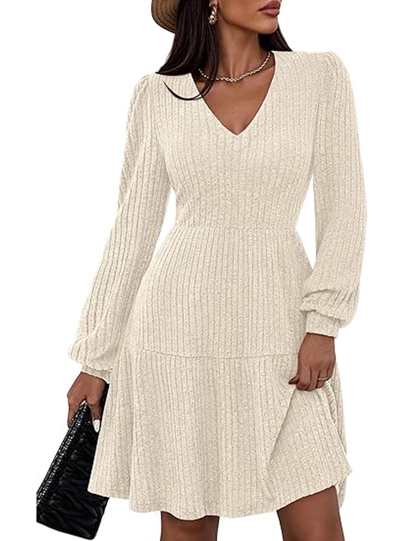 navy blue dress for baby girl Prettygarden Womens Sweater Dress Fall Long Sleeve V Neck A Line Fit and Flare Ribbed Knit Short Dresses Winter Outfits, Women's, Size: Medium, Beige