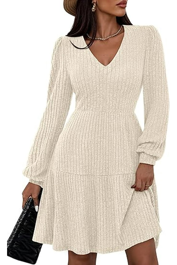Womens Sweater Dress Fall Long Sleeve V Neck A Line Fit and Flare Ribbed Knit Short Dresses Winter Outfits