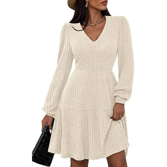 PRETTYGARDEN Womens Sweater Dress Fall Long Sleeve V Neck A Line Fit and Flare Ribbed Knit Short Dresses Winter Outfits