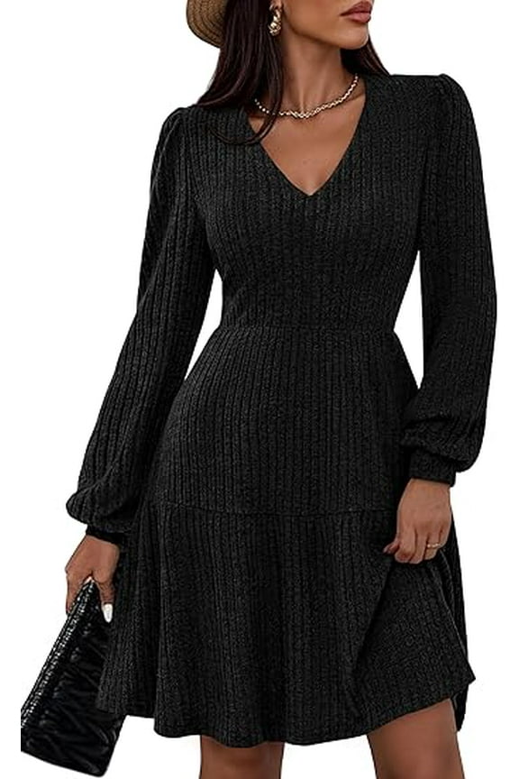 Womens Sweater Dress Fall Long Sleeve V Neck A Line Fit and Flare Ribbed Knit Short Dresses Winter Outfits