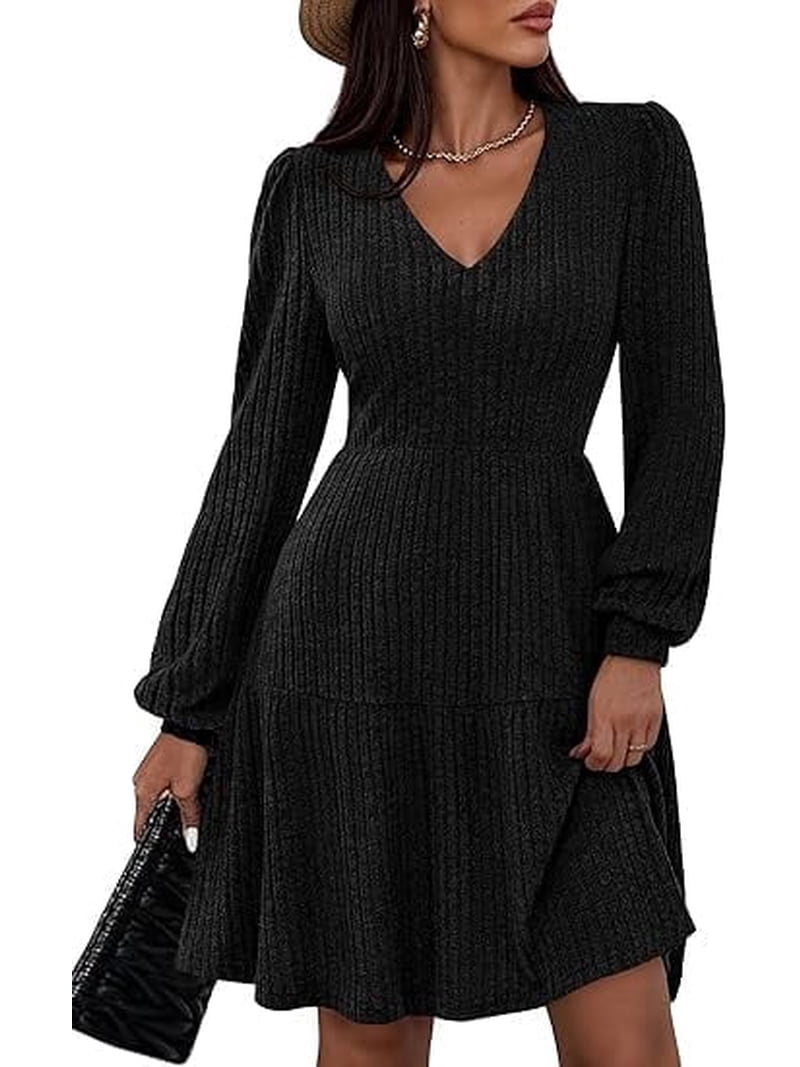 black winter garden mini dress long sleeves PRETTYGARDEN Womens Sweater Fall Sleeve V Neck A Line Fit and Flare Ribbed Knit Short Dresses Outfits farm rio logo