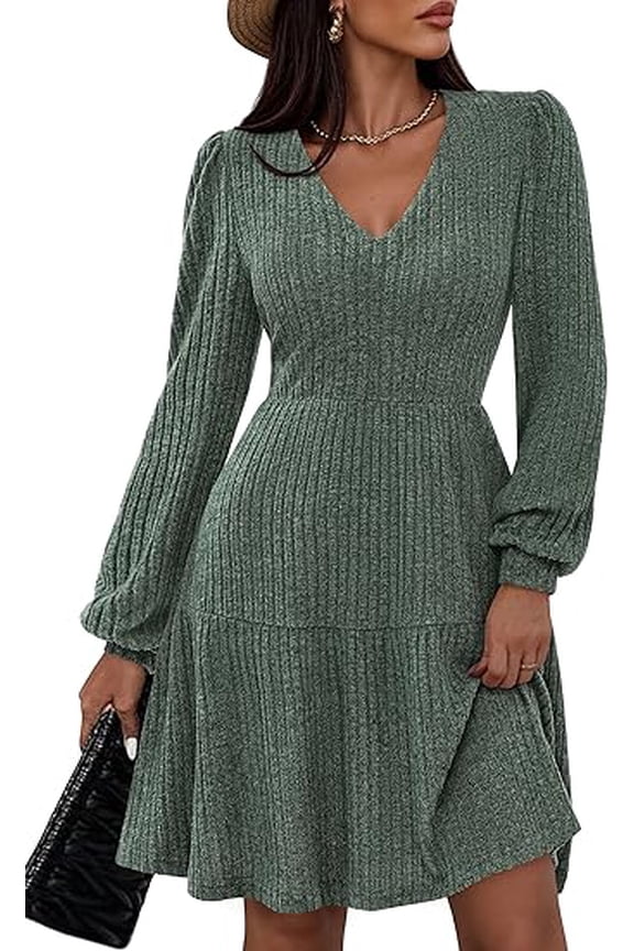Womens Sweater Dress Fall Long Sleeve V Neck A Line Fit and Flare Ribbed Knit Short Dresses Winter Outfits