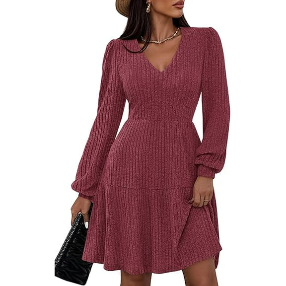 PRETTYGARDEN Womens Sweater Dress Fall Long Sleeve V Neck A Line Fit and Flare Ribbed Knit Short Dresses Winter Outfits