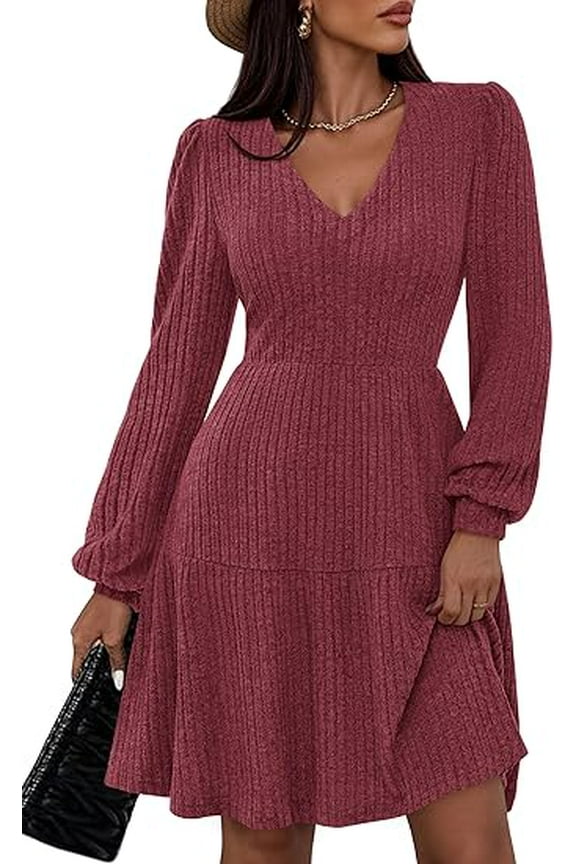 Womens Sweater Dress Fall Long Sleeve V Neck A Line Fit and Flare Ribbed Knit Short Dresses Winter Outfits