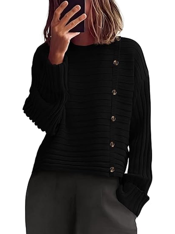 Womens Sweaters Fall Casual Long Sleeve Crewneck Button Loose Winter Knit Pullover Sweater Tops