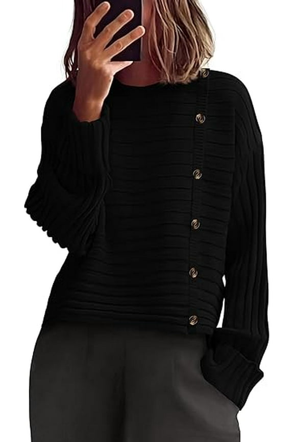 Womens Sweaters Fall Casual Long Sleeve Crewneck Button Loose Winter Knit Pullover Sweater Tops