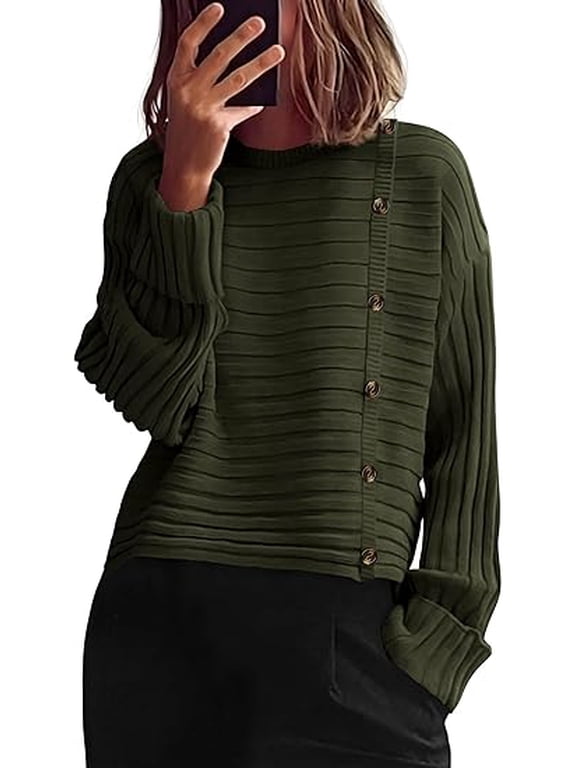 Womens Sweaters Fall Casual Long Sleeve Crewneck Button Loose Winter Knit Pullover Sweater Tops