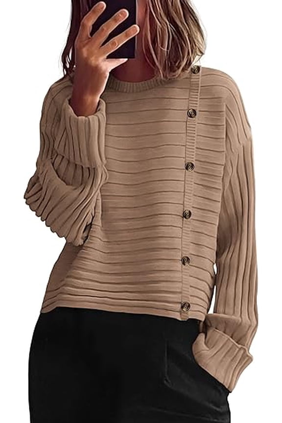 Womens Sweaters Fall Casual Long Sleeve Crewneck Button Loose Winter Knit Pullover Sweater Tops