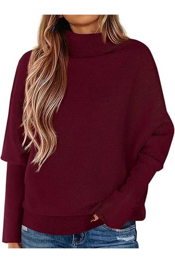 Womens Sweaters Fall Fashion Casual Loose Turtleneck Batwing Long Sleeve Knit Sweater Pullover Tops