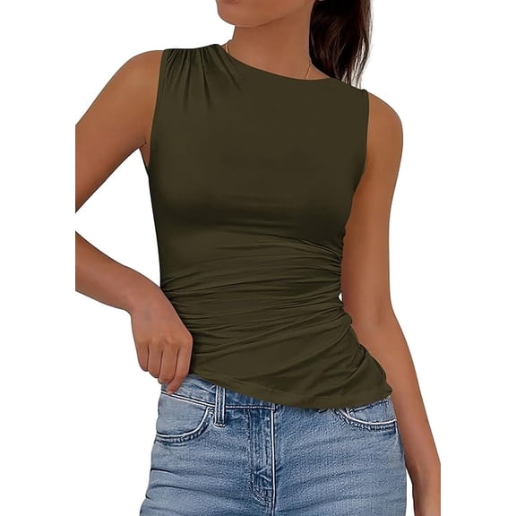 PRETTYGARDEN Womens Tank Top Spring Ruched Asymmetrical Going Out Top Slim Fit Sleeveless Shirts Summer Clothes