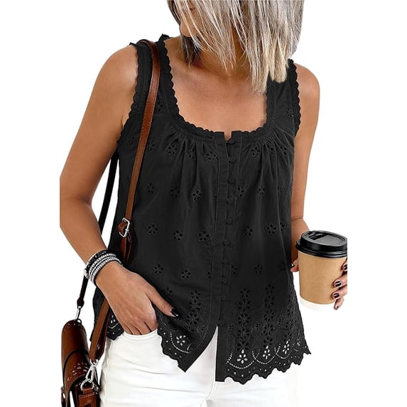 PRETTYGARDEN Womens Tank Tops Summer Button Down Shirts Embroidered Eyelet Dressy Casual Blouses Beach Vacation Clothes