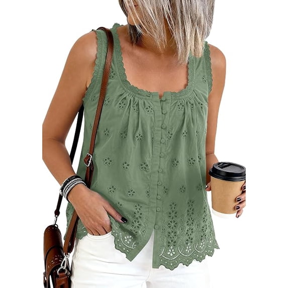 PRETTYGARDEN Womens Tank Tops Summer Button Down Shirts Embroidered Eyelet Dressy Casual Blouses Beach Vacation Clothes