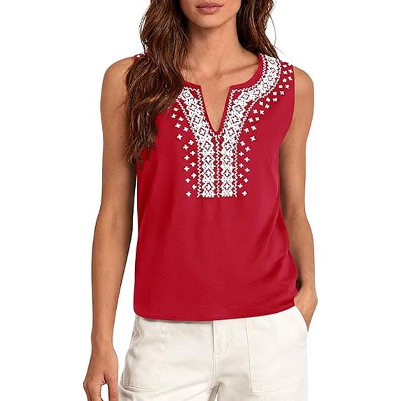 PRETTYGARDEN Womens Tank Tops Summer Causal V Neck Sleeveless Shirts Floral Print Embroidered Beach Vacation Boho Top