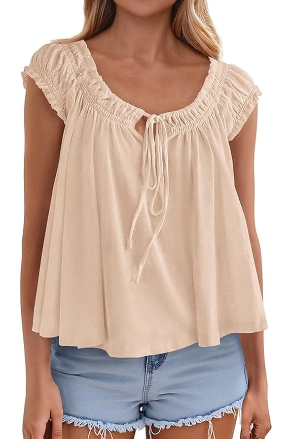 Womens Tie Front Tank Tops Summer Fashion Cap Sleeve Babydoll Blouses Flowy Shirts Spring Going Out Outfits