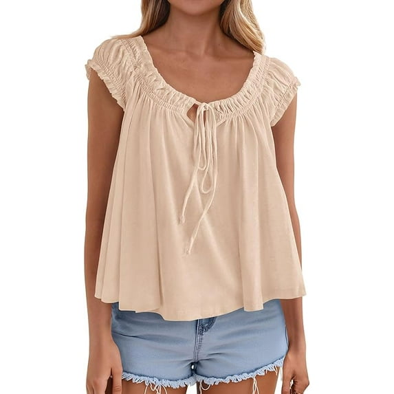 PRETTYGARDEN Womens Tie Front Tank Tops Summer Fashion Cap Sleeve Babydoll Blouses Flowy Shirts Spring Going Out Outfits