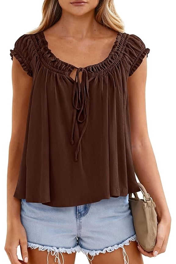 Womens Tie Front Tank Tops Summer Fashion Cap Sleeve Babydoll Blouses Flowy Shirts Spring Going Out Outfits