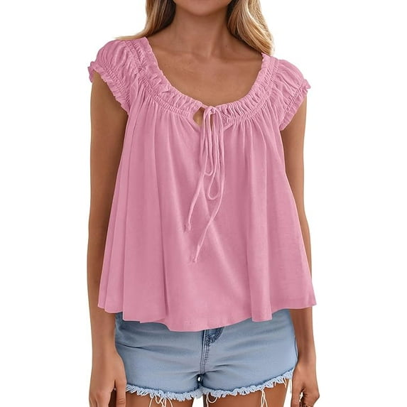 PRETTYGARDEN Womens Tie Front Tank Tops Summer Fashion Cap Sleeve Babydoll Blouses Flowy Shirts Spring Going Out Outfits