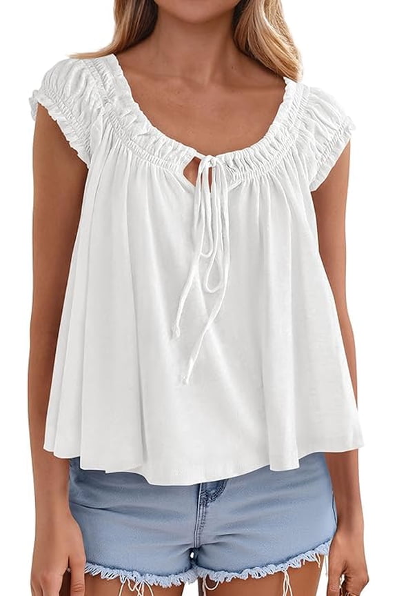 Womens Tie Front Tank Tops Summer Fashion Cap Sleeve Babydoll Blouses Flowy Shirts Spring Going Out Outfits
