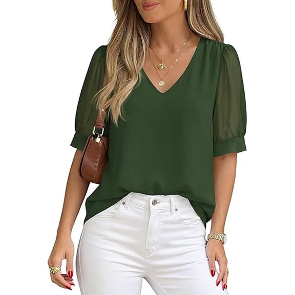PRETTYGARDEN Womens Tops Dressy Casual Puff Sleeve Chiffon Blouses V Neck Business Work Shirts Summer Fashion Clothing
