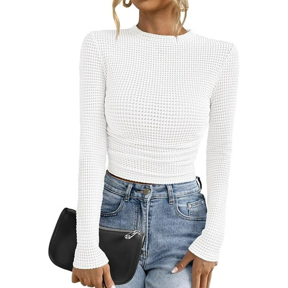 PRETTYGARDEN Womens Tops Fall Long Sleeve Fitted T Shirts Waffle Ruched Crop Shirt Basic Knit Workout Y2k Clothes