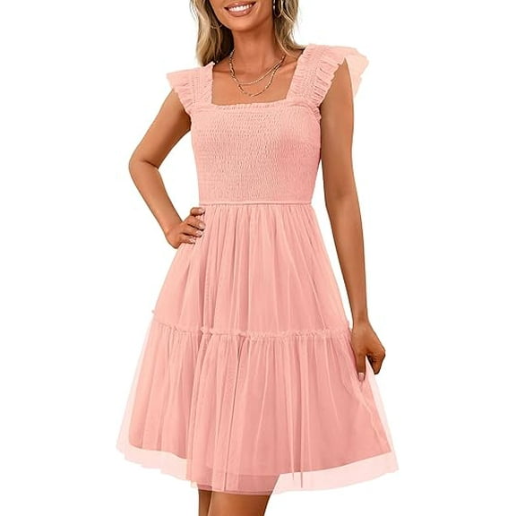 PRETTYGARDEN Womens Trendy Mini Summer Dresses Sleeveless Tulle Ruffle Square Neck Tiered Smocked Beach Vacation Dress