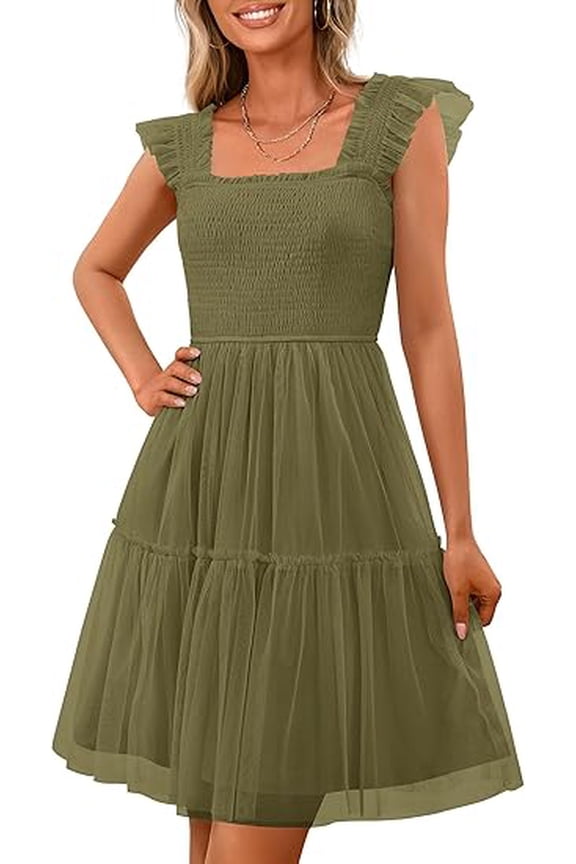 Womens Trendy Mini Summer Dresses Sleeveless Tulle Ruffle Square Neck Tiered Smocked Beach Vacation Dress