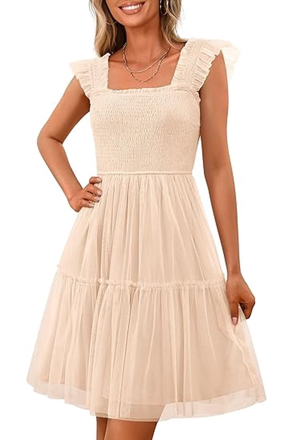 Womens Trendy Mini Summer Dresses Sleeveless Tulle Ruffle Square Neck Tiered Smocked Beach Vacation Dress