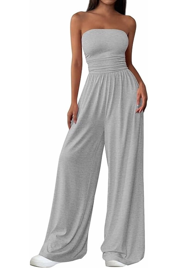 Womens Trendy Strapless Rompers Ruched Tube Top Wide Leg One Piece Jumpsuits Beach Vacation Summer Outfits