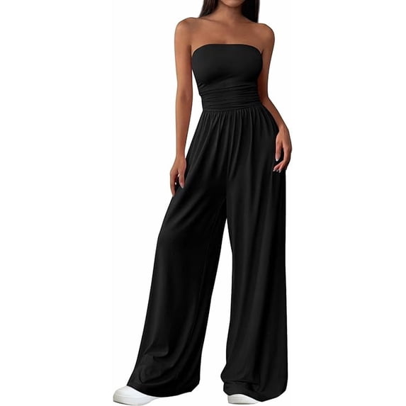 PRETTYGARDEN Womens Trendy Strapless Rompers Ruched Tube Top Wide Leg One Piece Jumpsuits Beach Vacation Summer Outfits