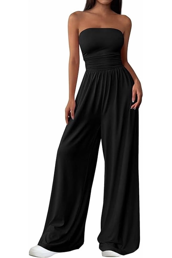 Womens Trendy Strapless Rompers Ruched Tube Top Wide Leg One Piece Jumpsuits Beach Vacation Summer Outfits