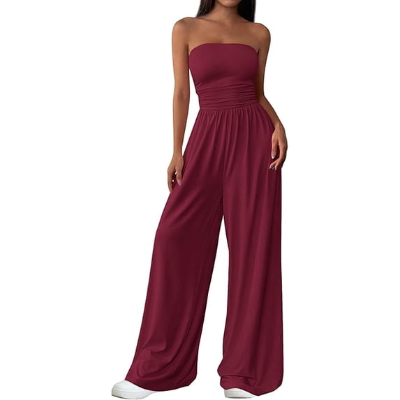 PRETTYGARDEN Womens Trendy Strapless Rompers Ruched Tube Top Wide Leg One Piece Jumpsuits Beach Vacation Summer Outfits