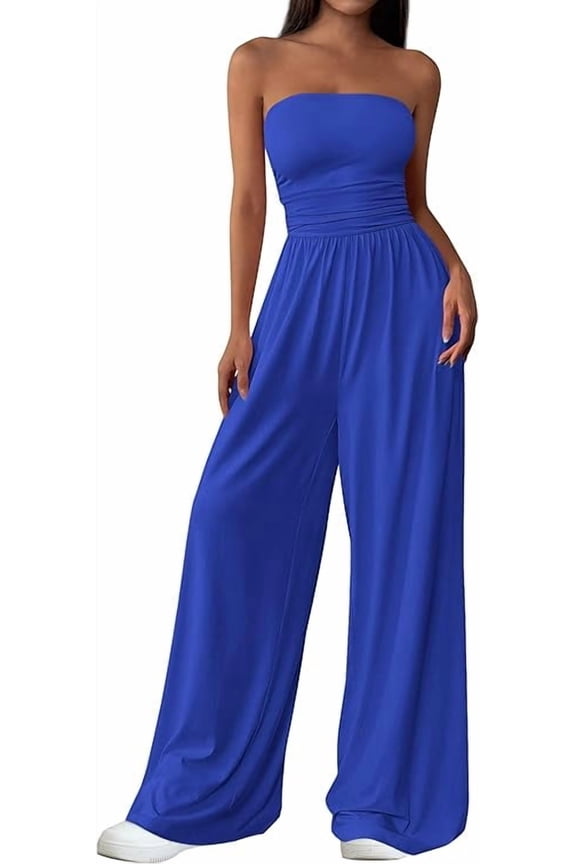 Womens Trendy Strapless Rompers Ruched Tube Top Wide Leg One Piece Jumpsuits Beach Vacation Summer Outfits