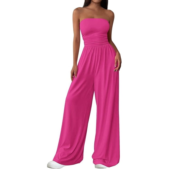 PRETTYGARDEN Womens Trendy Strapless Rompers Ruched Tube Top Wide Leg One Piece Jumpsuits Beach Vacation Summer Outfits