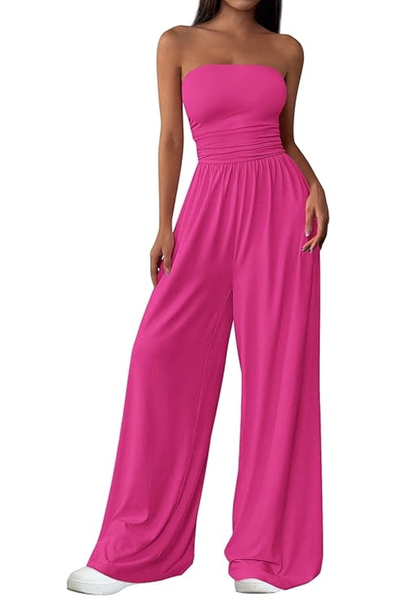 Womens Trendy Strapless Rompers Ruched Tube Top Wide Leg One Piece Jumpsuits Beach Vacation Summer Outfits