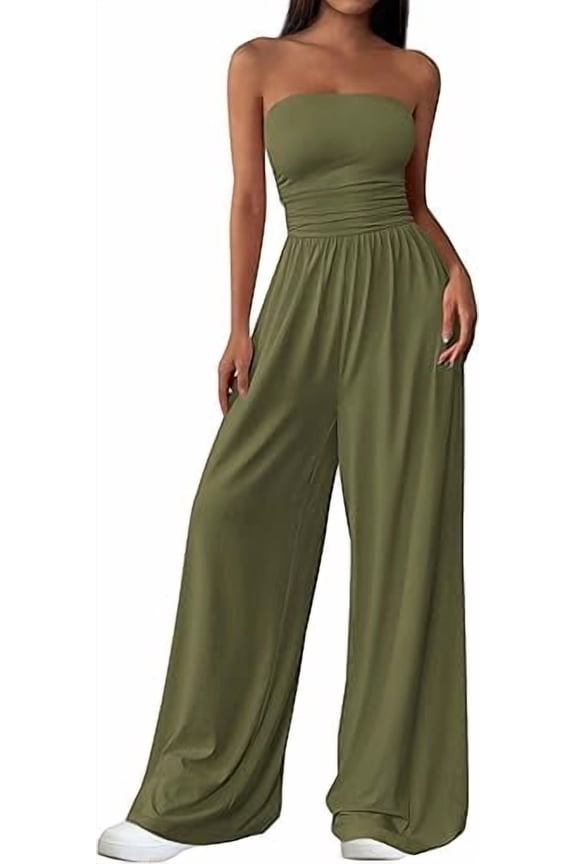 Womens Trendy Strapless Rompers Ruched Tube Top Wide Leg One Piece Jumpsuits Beach Vacation Summer Outfits