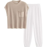 PRETTYGARDEN Womens Two Piece Outfits Sweater Sets Knit Pullover Tops And High Waisted Pants Matching Tracksuit Sweatsuit Set