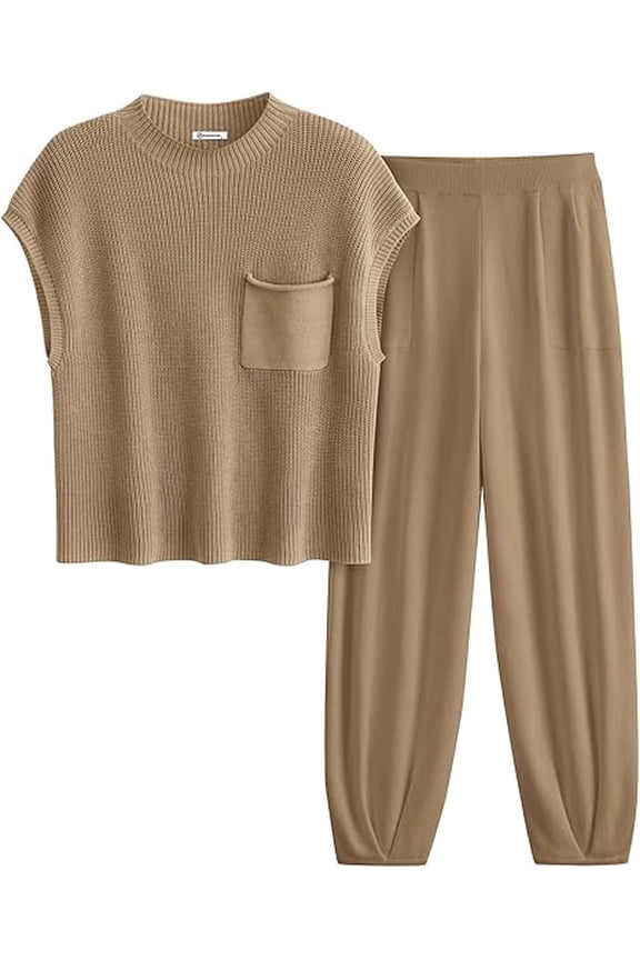 Womens Two Piece Outfits Sweater Sets Knit Pullover Tops And High Waisted Pants Matching Tracksuit Sweatsuit Set