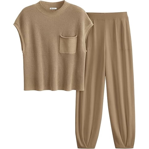Womens Two Piece Outfits Sweater Sets Knit Pullover Tops And High Waisted Pants Matching Tracksuit Sweatsuit Set