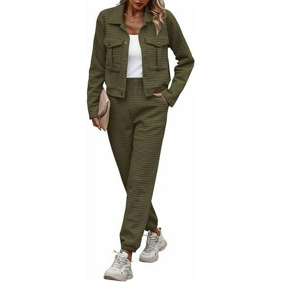 PRETTYGARDEN Womens Two Piece Sets Fall Long Sleeve Button Down Shacket Jacket Long Sweatpants Tracksuit Winter Clothes