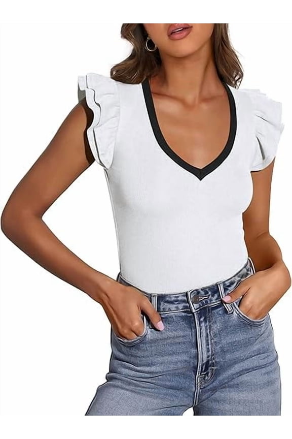 Womens V Neck Summer Tops Ruffle Sleeveless Slim Fit T Shirts Going Out Casual Blouses