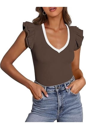 Womens V Neck Summer Tops Ruffle Sleeveless Slim Fit T Shirts Going Out Casual Blouses