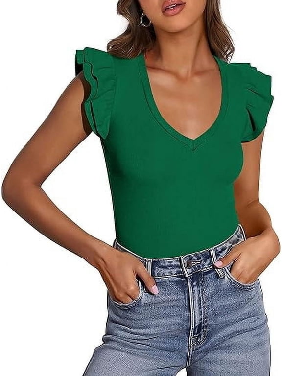 Womens V Neck Summer Tops Ruffle Sleeveless Slim Fit T Shirts Going Out Casual Blouses