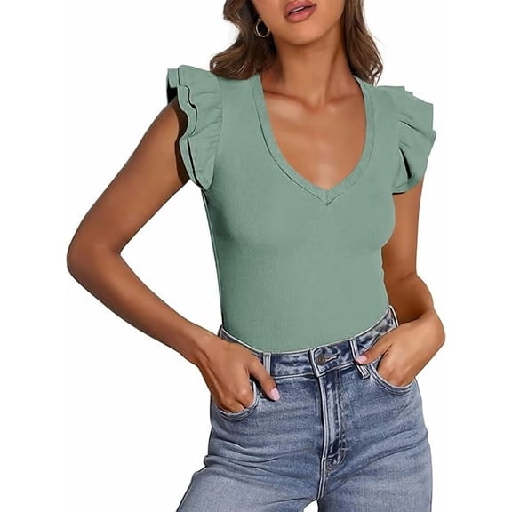 PRETTYGARDEN Womens V Neck Summer Tops Ruffle Sleeveless Slim Fit T Shirts Going Out Casual Blouses