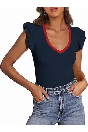 Womens V Neck Summer Tops Ruffle Sleeveless Slim Fit T Shirts Going Out Casual Blouses