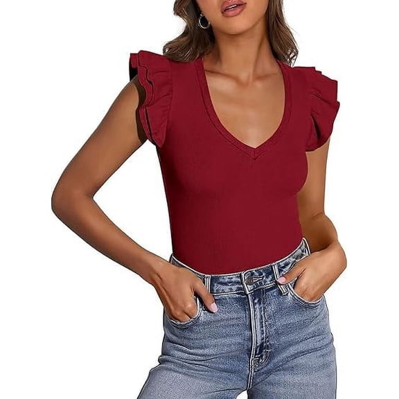 PRETTYGARDEN Womens V Neck Summer Tops Ruffle Sleeveless Slim Fit T Shirts Going Out Casual Blouses