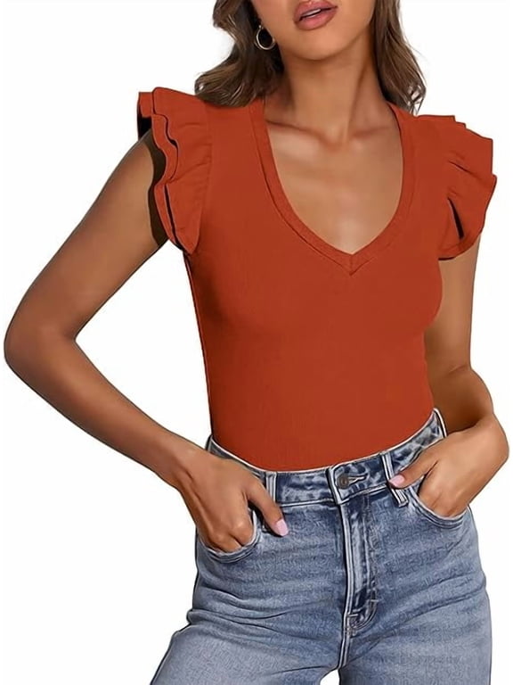 Womens V Neck Summer Tops Ruffle Sleeveless Slim Fit T Shirts Going Out Casual Blouses
