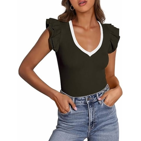 Womens V Neck Summer Tops Ruffle Sleeveless Slim Fit T Shirts Going Out Casual Blouses