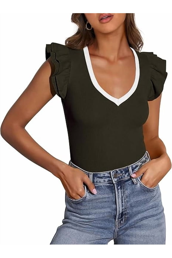 Womens V Neck Summer Tops Ruffle Sleeveless Slim Fit T Shirts Going Out Casual Blouses